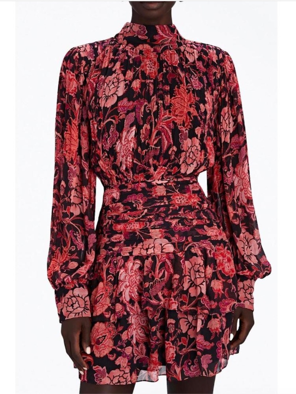 Hemant & Nandita Crimson Floral Long Sleeved Ruched Georgette Mini Dress Size L